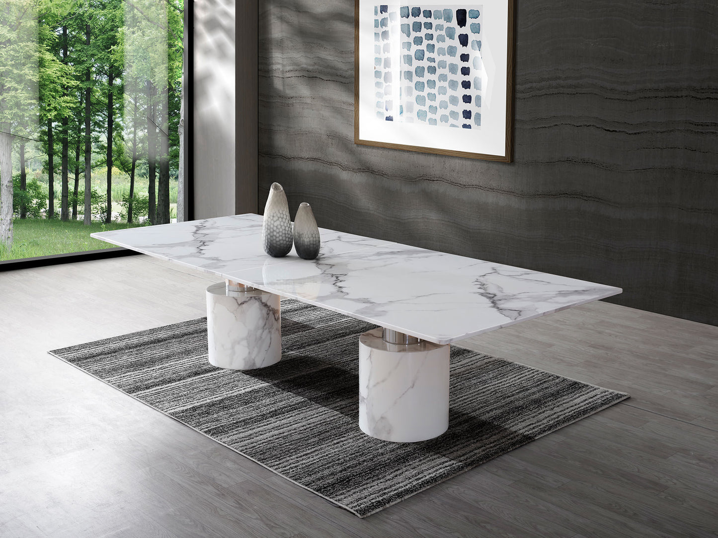 Whiteline Geneva Extra Large Dining Table, Marble Glossy Top, Include 5 mm Glass; Base: Polished Stainless Steel & Marble Glossy