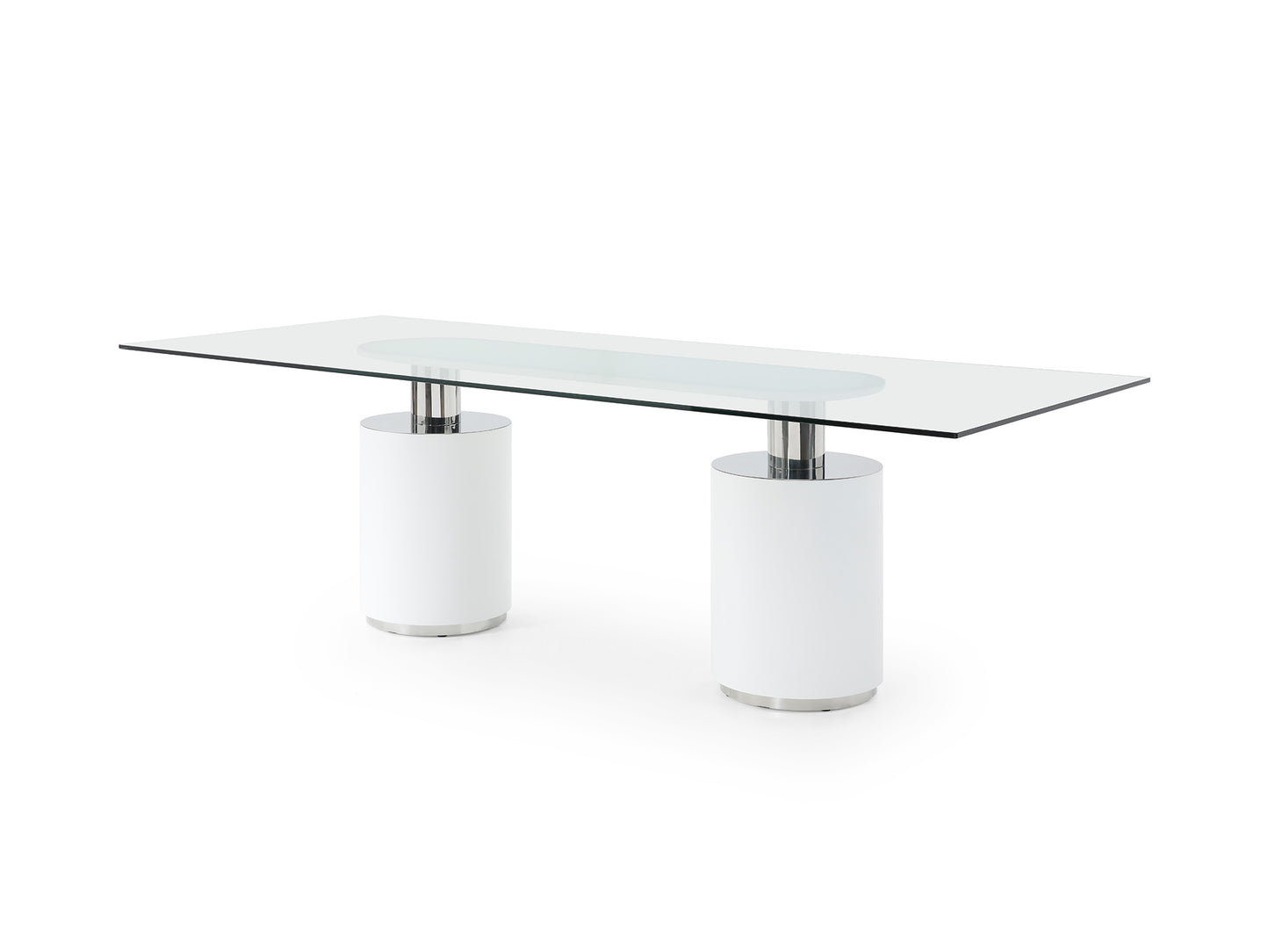 Whiteline Mandarin Dining Table, 12mm clear tempered glass top, polished stainless steel Connector, Matt White Bases DT1660-WHT