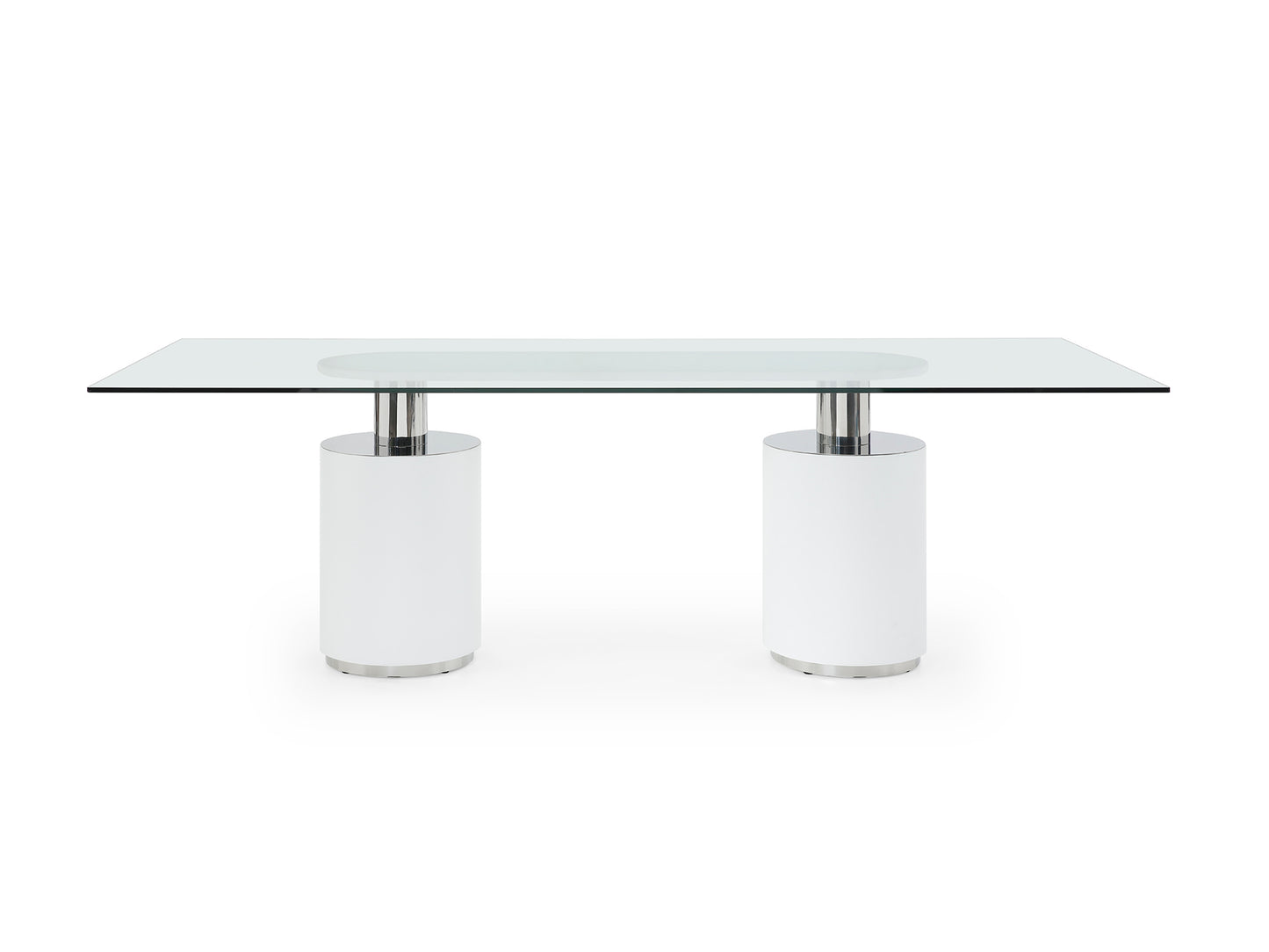 Whiteline Mandarin Dining Table, 12mm clear tempered glass top, polished stainless steel Connector, Matt White Bases DT1660-WHT