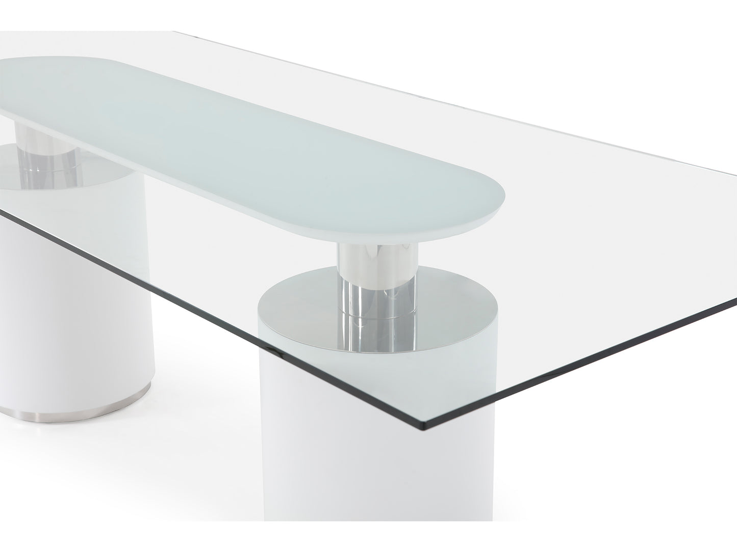 Whiteline Mandarin Dining Table, 12mm clear tempered glass top, polished stainless steel Connector, Matt White Bases DT1660-WHT