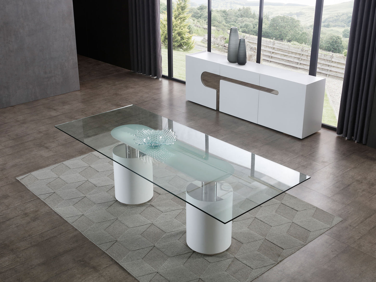 Whiteline Mandarin Dining Table, 12mm clear tempered glass top, polished stainless steel Connector, Matt White Bases DT1660-WHT